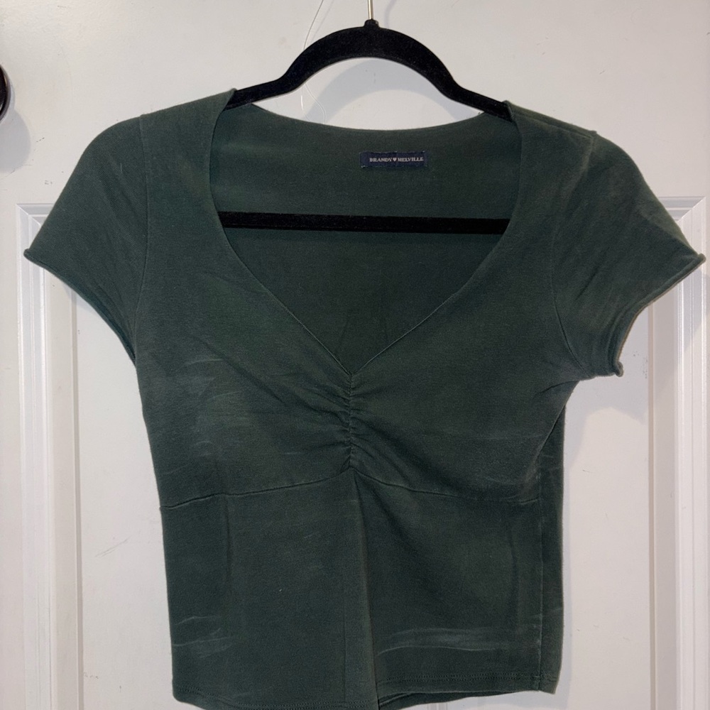 Brandy Melville Green Cap Sleeve Ruched Crop Top